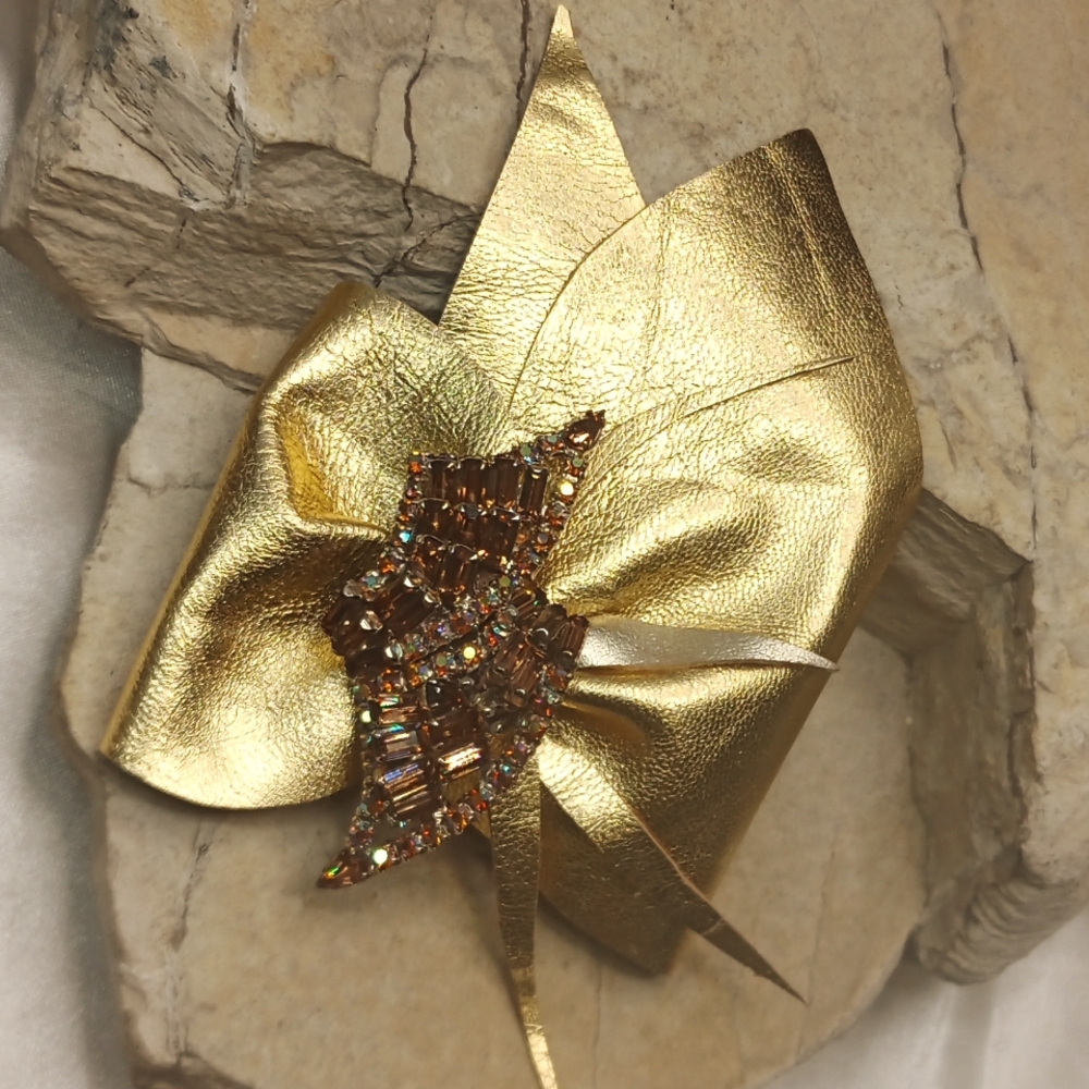 Handmade Artisan Leather Cuff Bracelet With Vintage brooch Gold